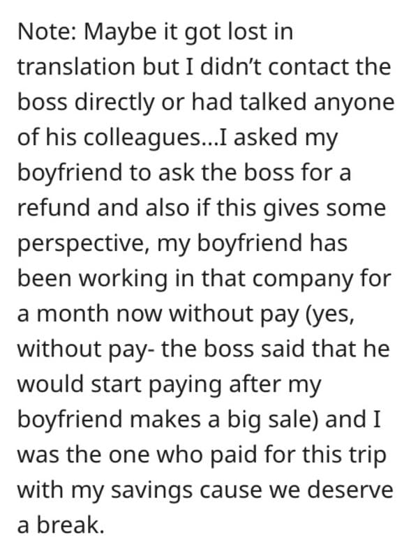 Boss Makes Woman's Boyfriend Cancel Pre-Planned Vacation, So She Demands Boss Reimburse Her For Trip - Jarastyle