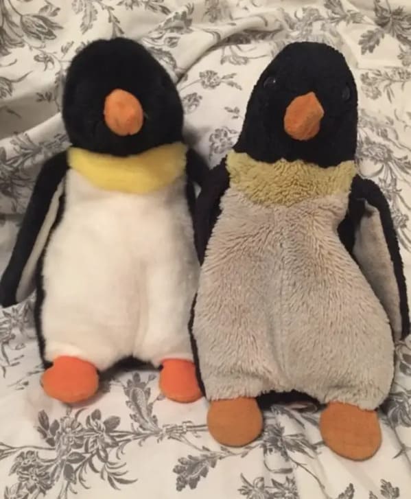 stuffed animals before and after - penguin