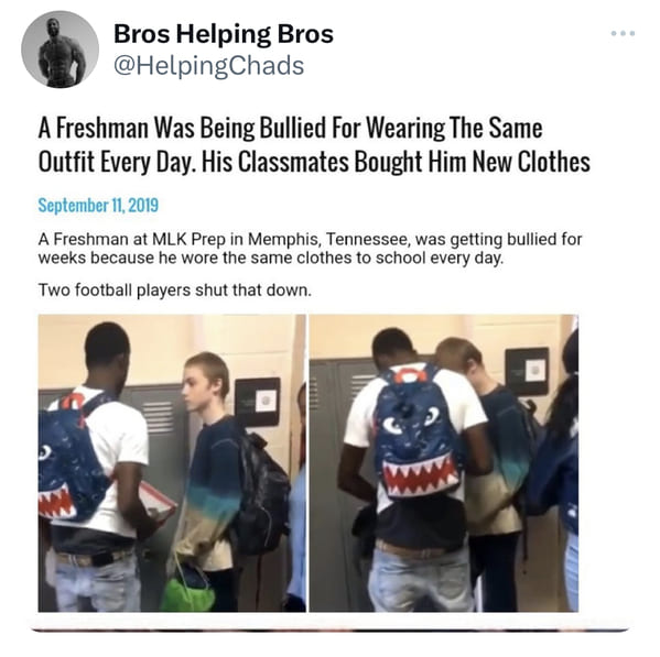 bros helping bros - freshman bullied for wearing same outfit classmates bought him new clothes