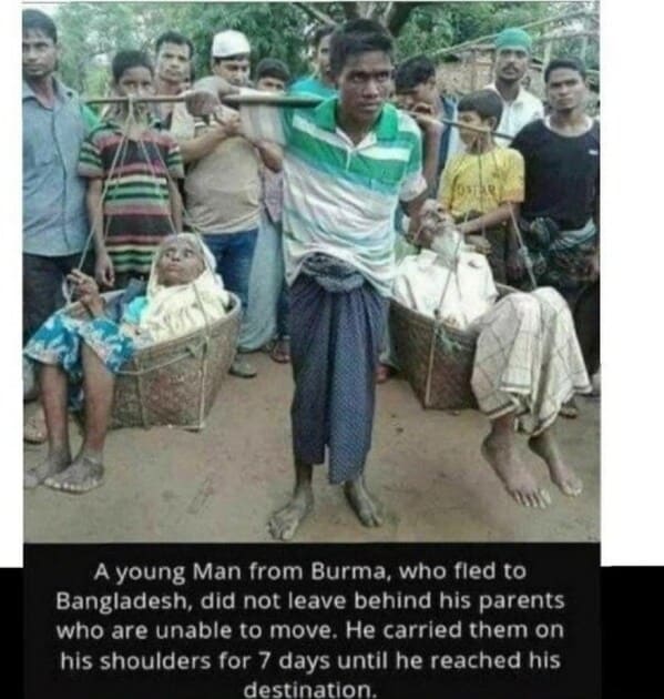 bros helping bros - burma bangledesh man carried parents