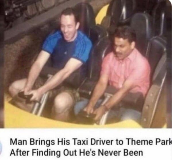 bros helping bros - man brings taxi driver to theme park