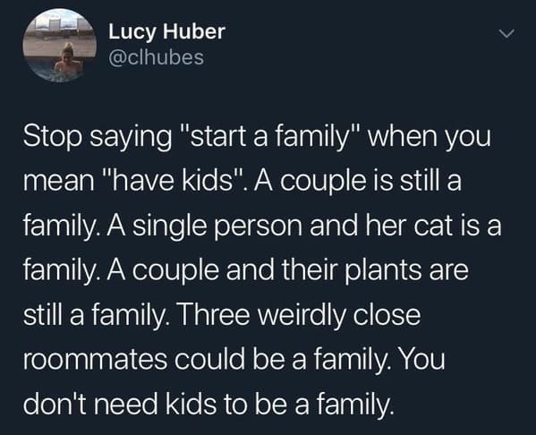 childfree memes - lucy Huber start a family tweet
