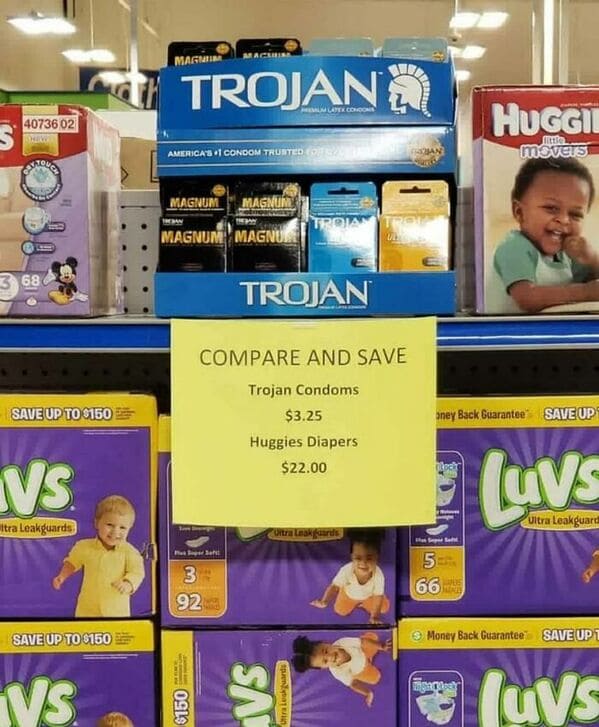 childfree memes - trojan condoms Huggies diapers
