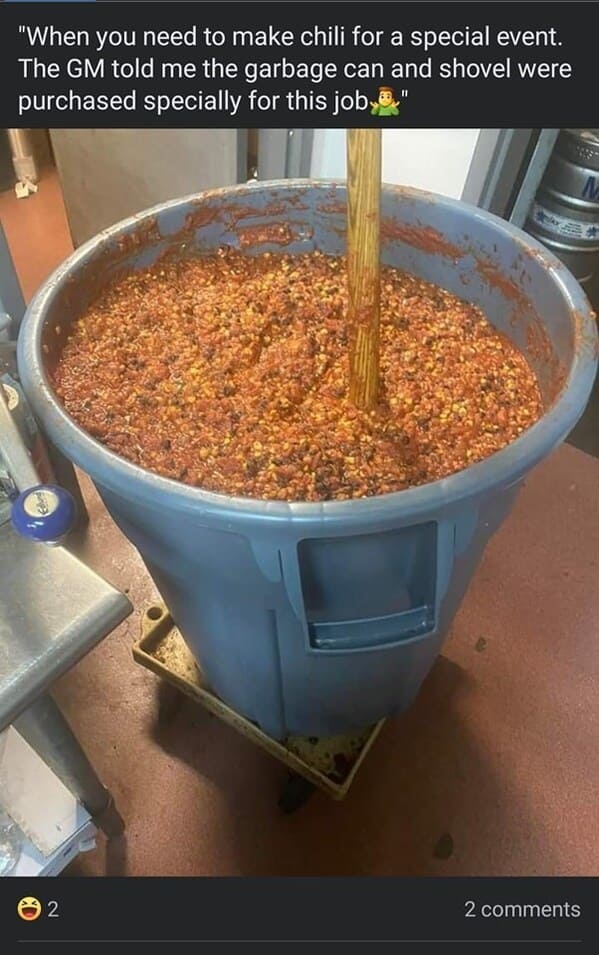 cringe food posts - garbage can full of chili with shovel