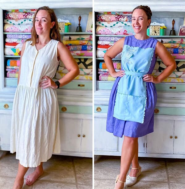 thrift store dress transformations - model in white dress blue