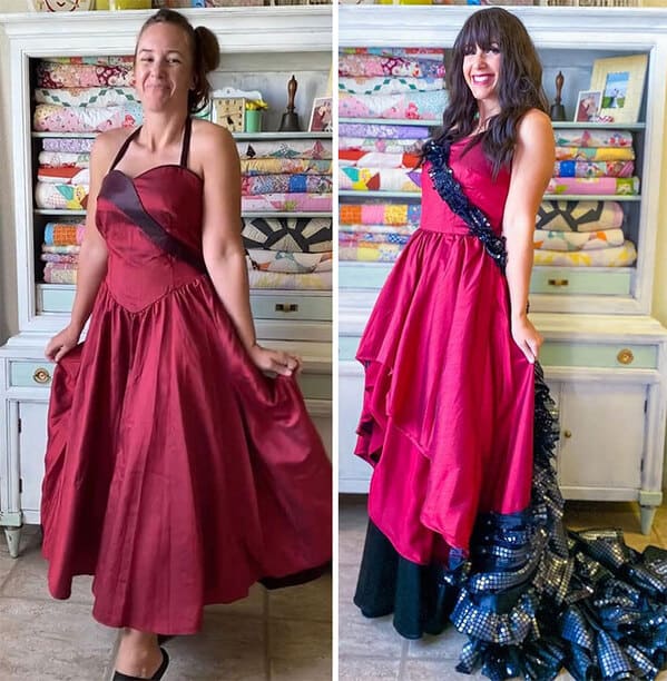 thrift store dress transformations - woman in red dress