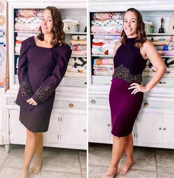 thrift store dress transformations - woman in purple and black dress