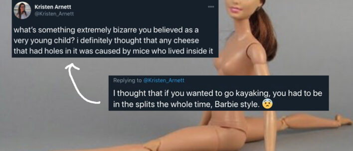 Response to question of dumbest thing you believed as a kid - thought that if you wanted to go kayaking, you had to be in the splits the whole time, Barbie style - picture of naked barbie doing the splits