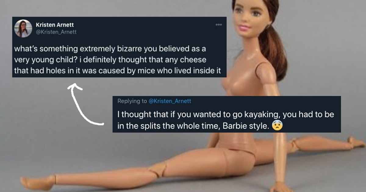 Response to question of dumbest thing you believed as a kid - thought that if you wanted to go kayaking, you had to be in the splits the whole time, Barbie style - picture of naked barbie doing the splits