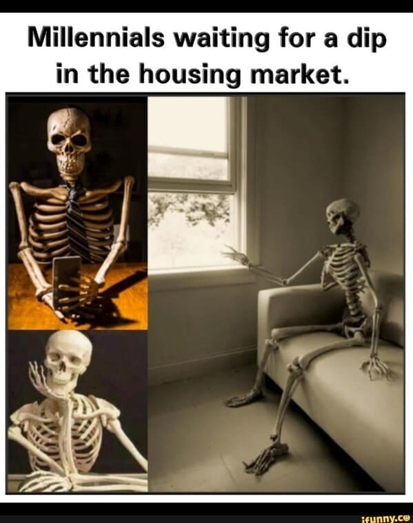 millennial house memes - skeleton waiting for housing market to dip