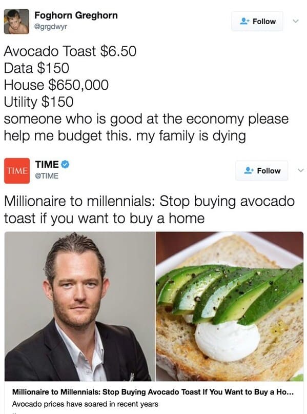 millennial house memes - avocado toast