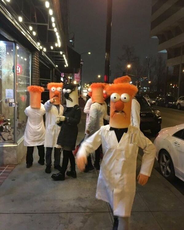 could be album covers - people in beaker costumes