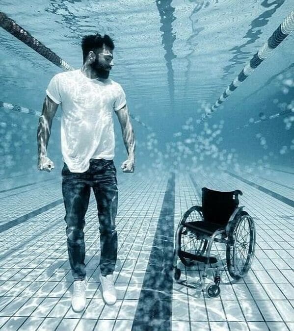 could be album covers - man under water looking at wheelchair