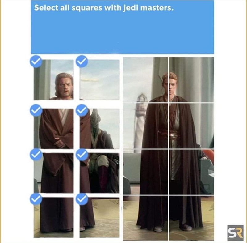 select all squares captcha parody asking to select all squares with jedi masters but only obi wan is selected not anakin