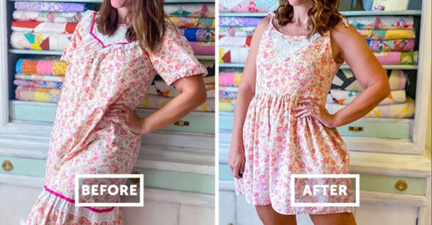 thrift store dress transformations - woman in white floral pattern dress