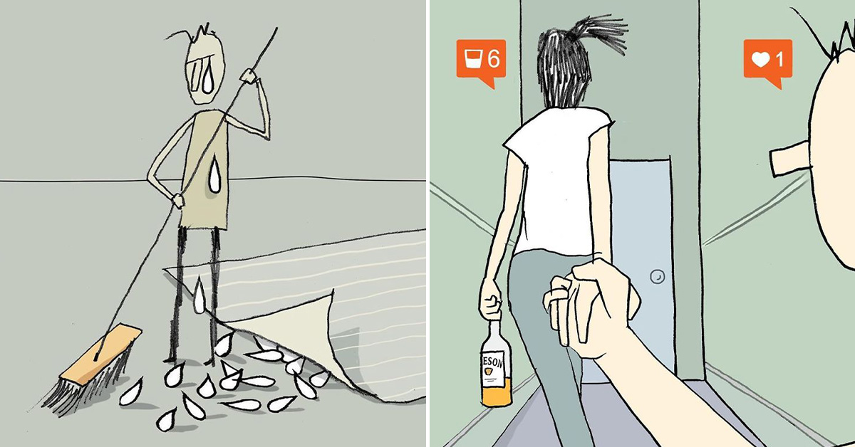 yuval robichek illustrations - sweeping tears under rug - holding hands with alcohol