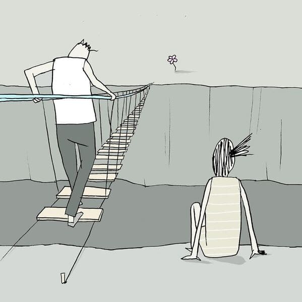 yuval robichek illustrations - man crossing bridge for flower