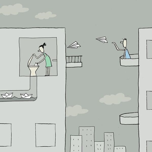 yuval robichek illustrations - paper airplanes across buildings