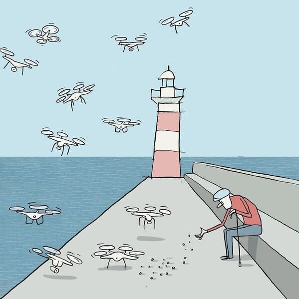 yuval robichek illustrations - man feeding birds