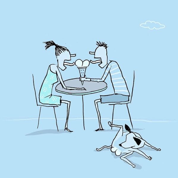 yuval robichek illustrations - couple licking ice cream dog licking