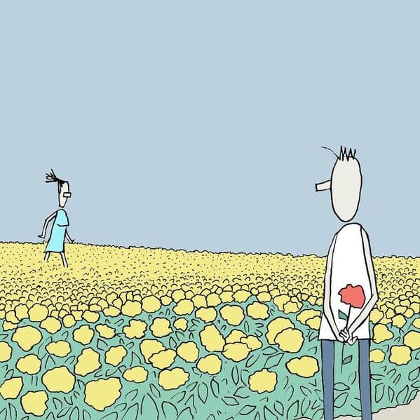 yuval robichek illustrations - man picking flower woman in flowers