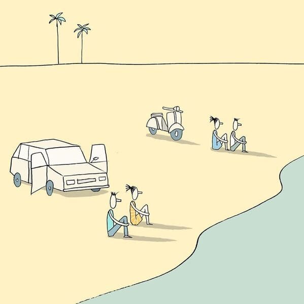 yuval robichek illustrations - couple sitting next to each other out side of car tandem
