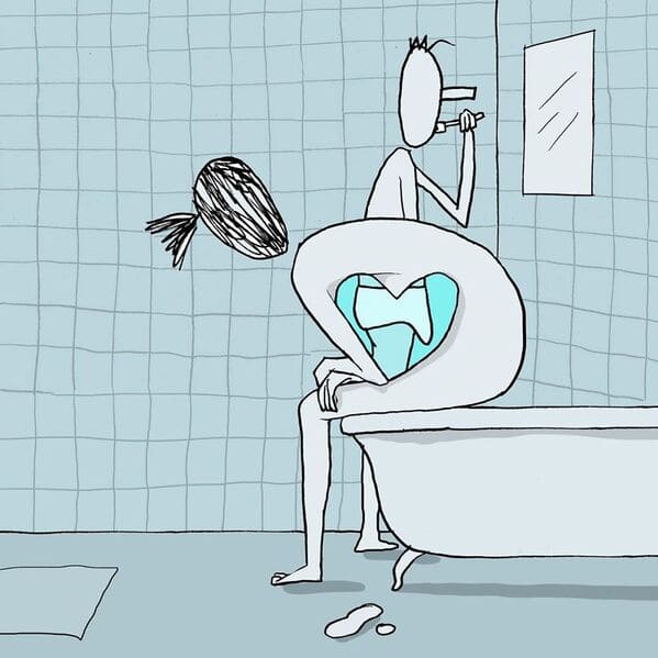 yuval robichek illustrations - woman hunched over bathtub heart