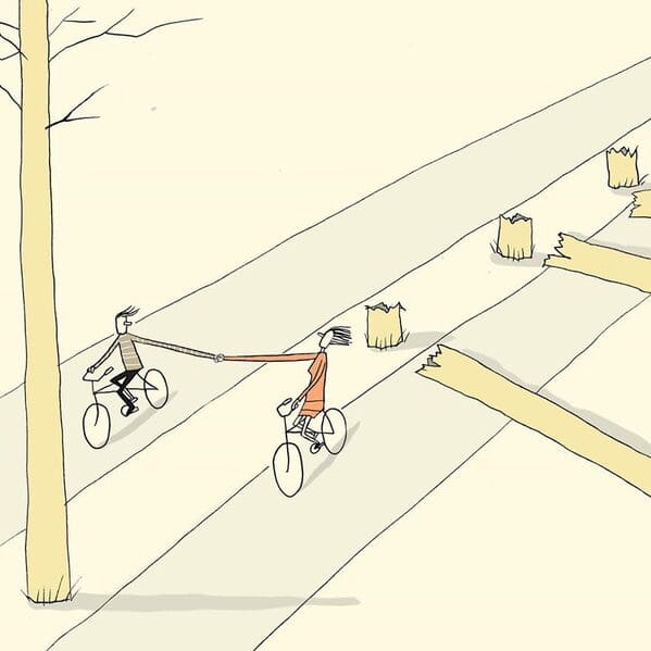 yuval robichek illustrations - couple holding hands on bikes chopping trees