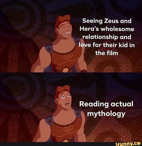 mythology memes - zeus and heras wholesome relationship and love their kid film reading actual mythology ifunnyco
