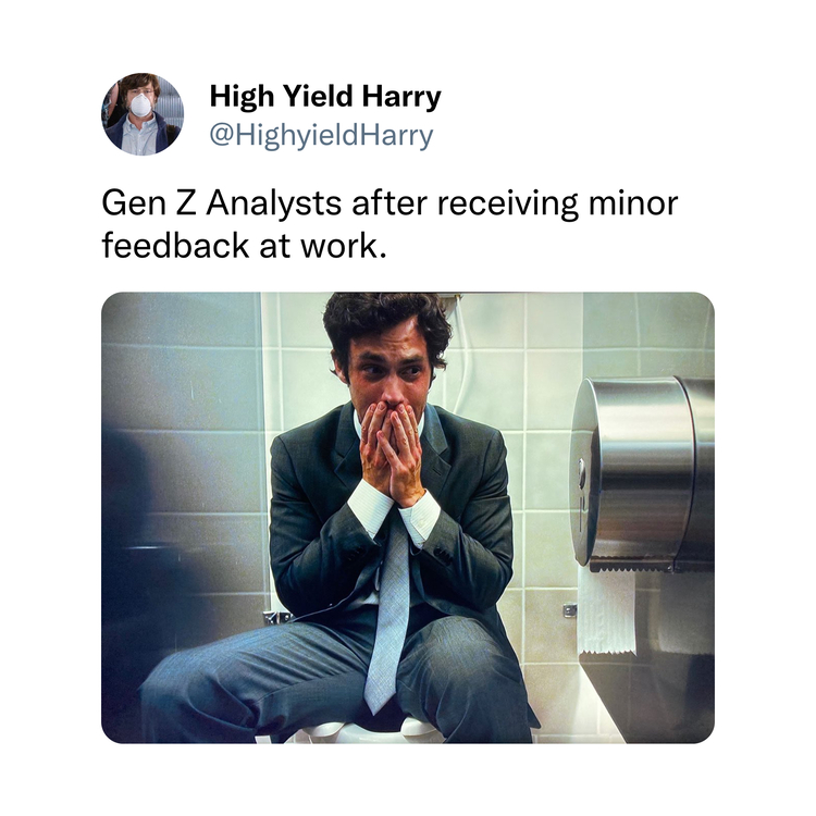 Gen Z Analysts after receiving minor feedback at work - picture of man crying on toilet from boilerroom movie