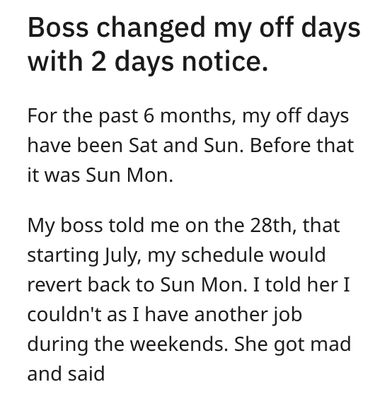 Disgruntled Worker Vents About Awful Boss Changing Their Days Off With Only 2 Days Notice - Jarastyle