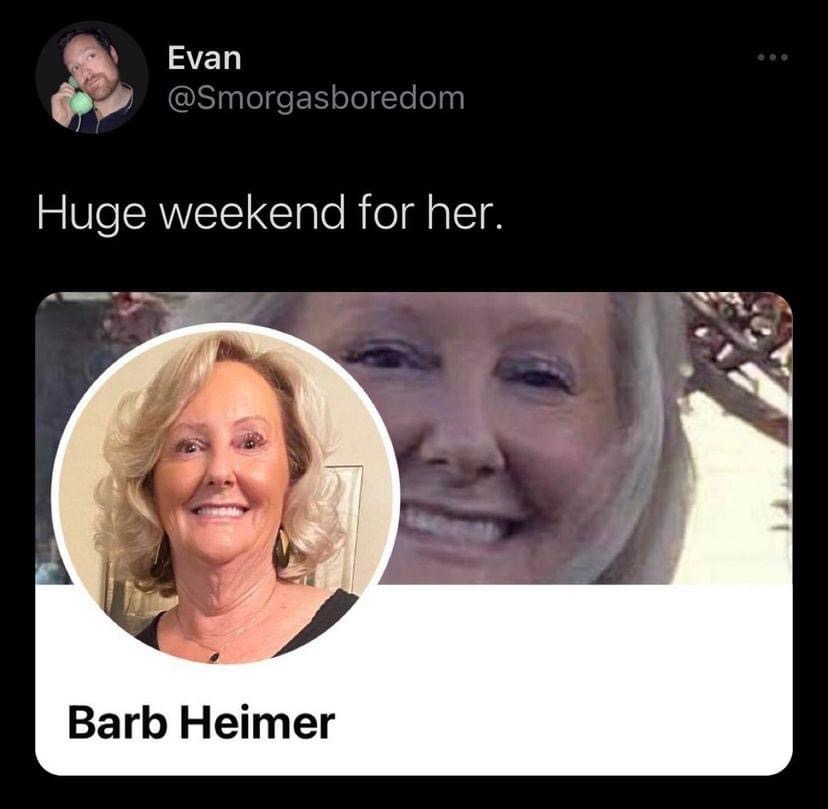 huge weekend for her - facebook profile screen shot of a woman named barb heimer