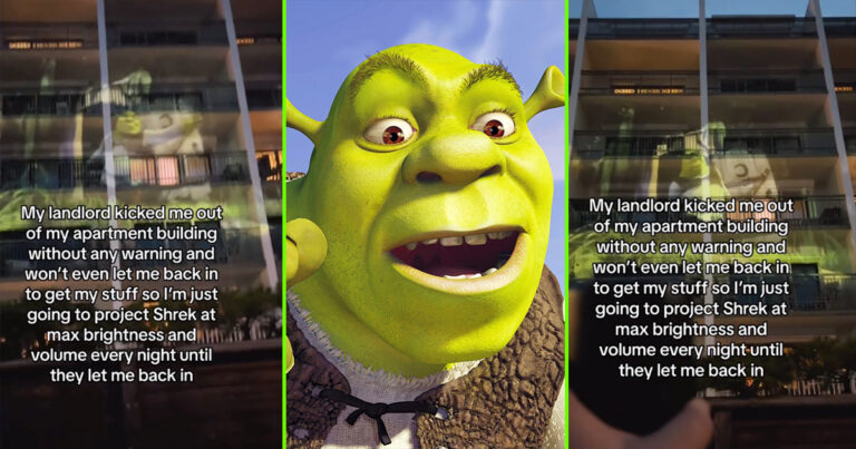 Landlord Kicks Projectionist Out Of His Apartment, So As Revenge He’s Projecting Shrek On The Side Of The Building Until He Gets Back In