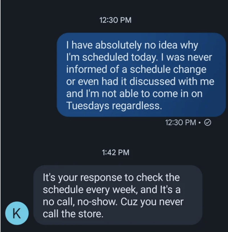 Employee Wakes Up To A Voicemail Asking Why He Isn't At Work, Then Gets Blamed For Not Checking The Schedule On His Day Off - Jarastyle