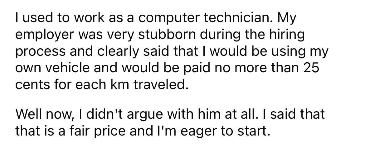 Employee Maliciously Complies With Inflexible Boss Who Only Offers 25 Cents Per Km Reimbursement In Personal Vehicle - Jarastyle