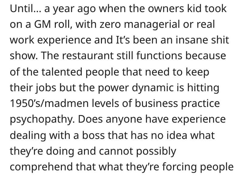 Restaurant Worker Shares Their Nightmare Experience Working For A Nepotism Hire Boss Who Had Zero Work Experience - Jarastyle