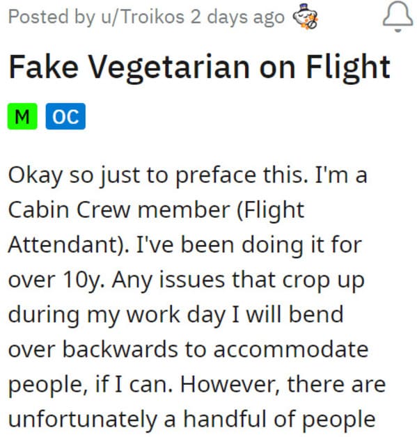 Flight attendant comes up with quick and smart solution for passenger  pretending to be vegetarian