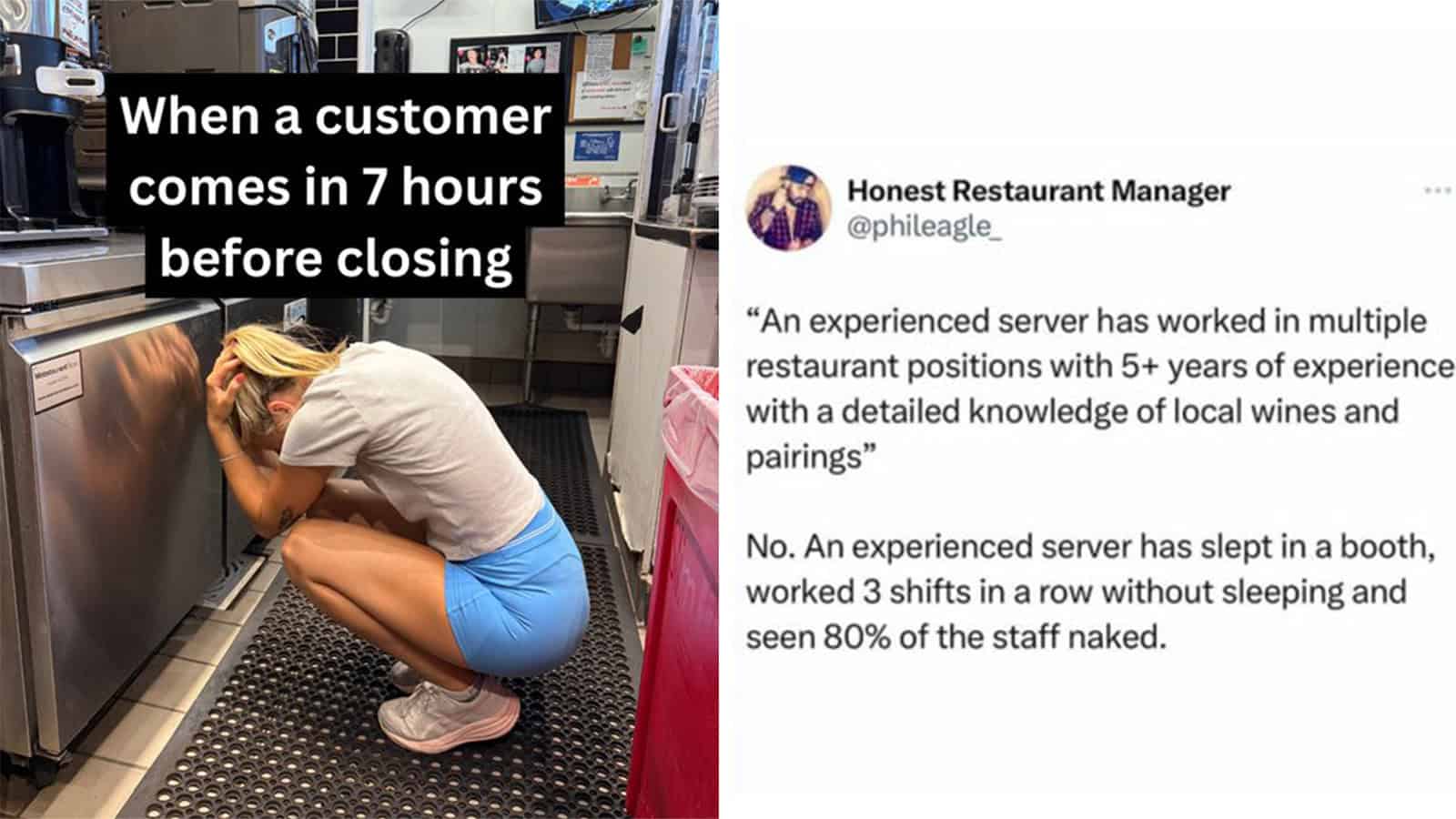 Customer waiting 7 hours before closing, head on the counter, distressed.