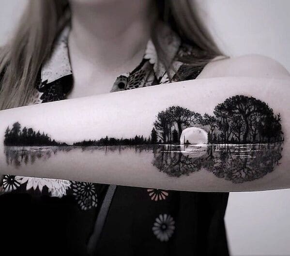 Outdoor, camping, landscape, lake and sunset full sleeve tattoo by Haylo by  Haylo: TattooNOW