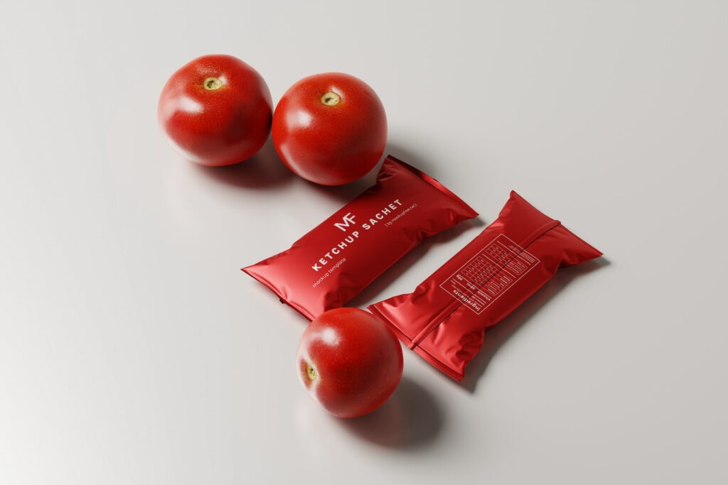 three tomatoes and three packets of candy on a table