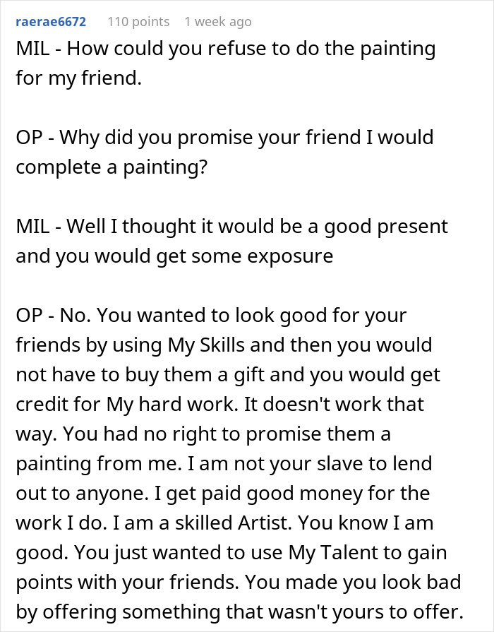 Artist Finds Out Her MIL Is Promising Her Painting Services Free Of Charge "As A Gift" - Jarastyle