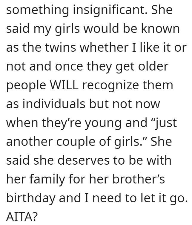 Mother Of Identical Twins Excludes Aunt From Family Events Because She Refuses To Address Them As Individuals - Jarastyle