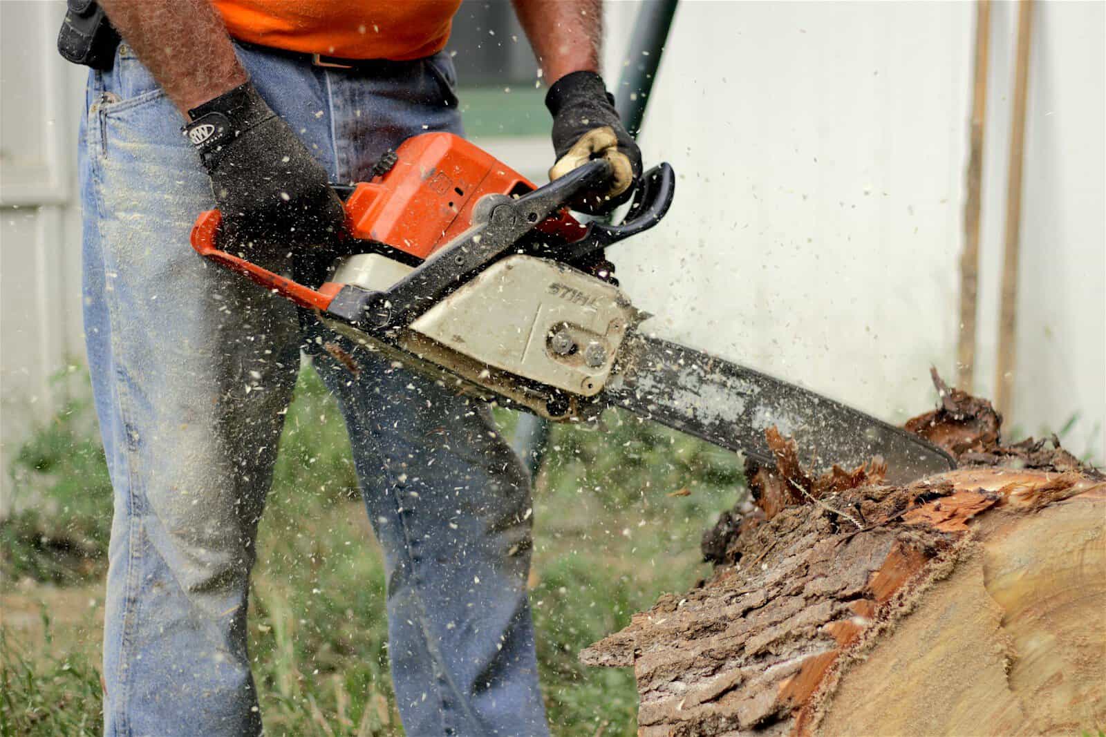 a man using a chainsaw to cut a tree