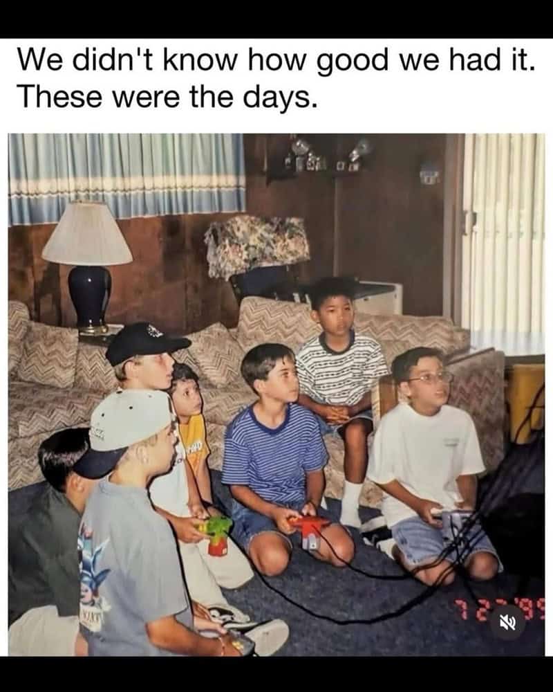 Nostalgic childhood friends playing video games together in a cozy living room setting.