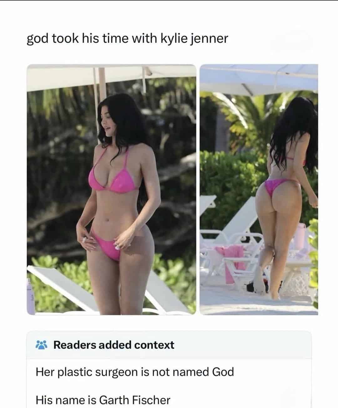 Photo of Kylie Jenner in a pink bikini with humorous caption about her being taken by God.