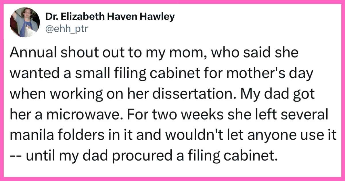 Small filing cabinet gifted for Mother's Day, humor about mom's storage needs.