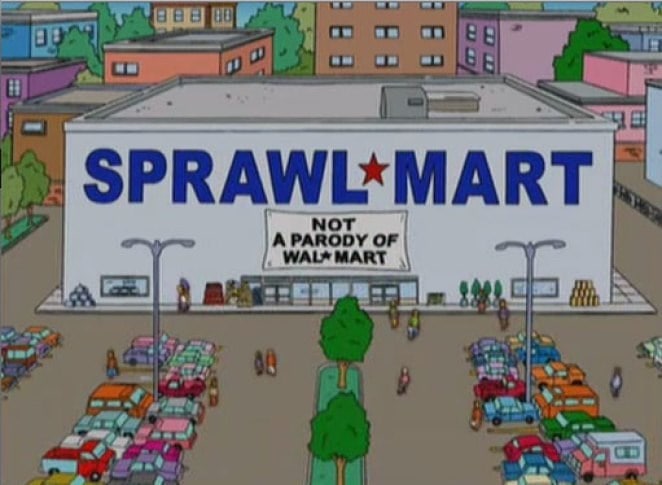 The simpsons is showing a sign that says sprawlmart.