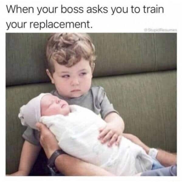 A baby is holding a baby and the caption reads when your boss asks you to train your.