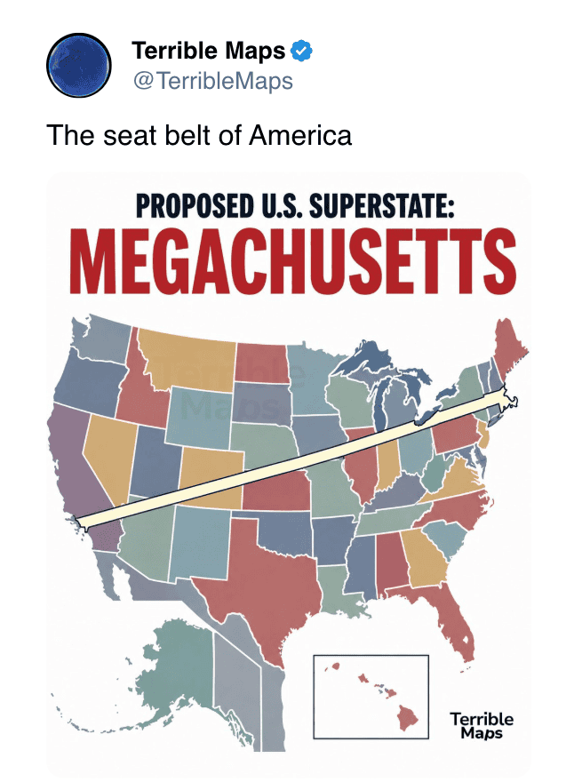 Map of the United States highlighting Massachusetts as a proposed megachusetts.