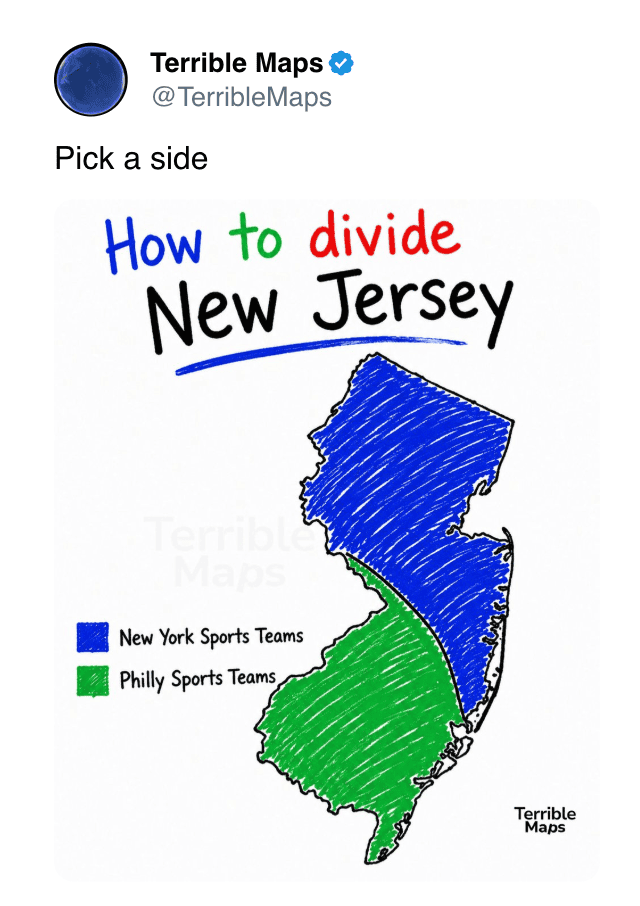 Map of New Jersey highlighting New York and Philly sports teams divisions.